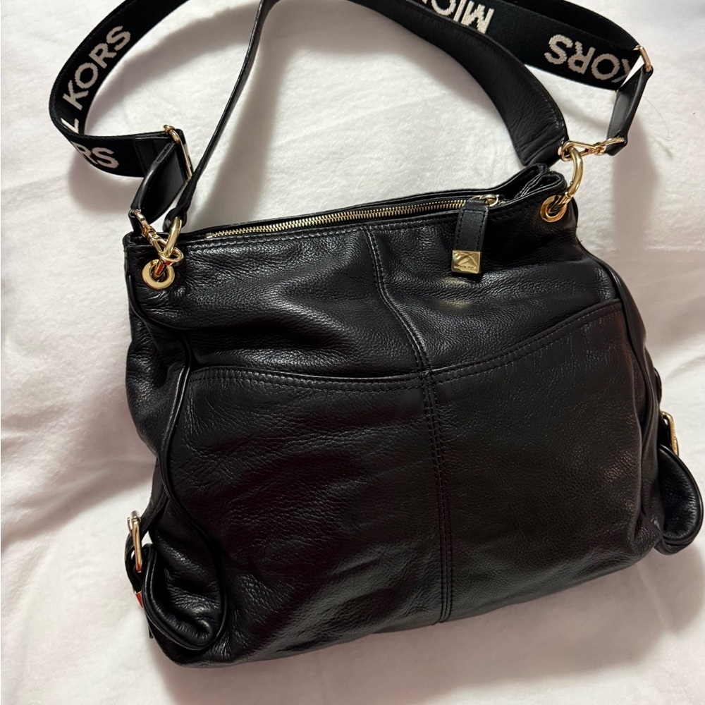 Michael Kors Black Leather Hobo Shoulder Bag Logo Strap - Picture 3 of 11